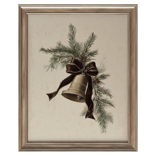 llguiidecal Vintage Christmas Bell Wall Art Print, Rustic Holiday Ornament Painting with Pine Branches and Bow, Antique Christmas Decor Artwork, Farmhouse Winter Wall Print (11X14 Inch-Unframed) | Amazon (US)