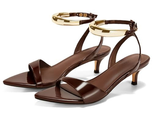 Coutgo Womens Low Kitten Heels Sandals Strappy Pointed Open Toe One Strap Metal Summer Dress Shoes,Coffee,size 7 | Amazon (US)