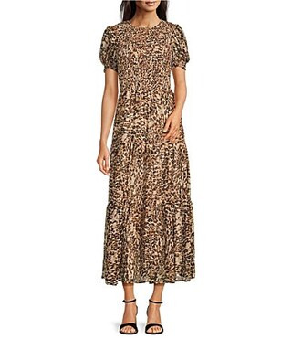 Anne Klein Animal Print Crew Neck Short Puff Sleeve Smocked Printed Chiffon Maxi Dress - XS | Dillard's