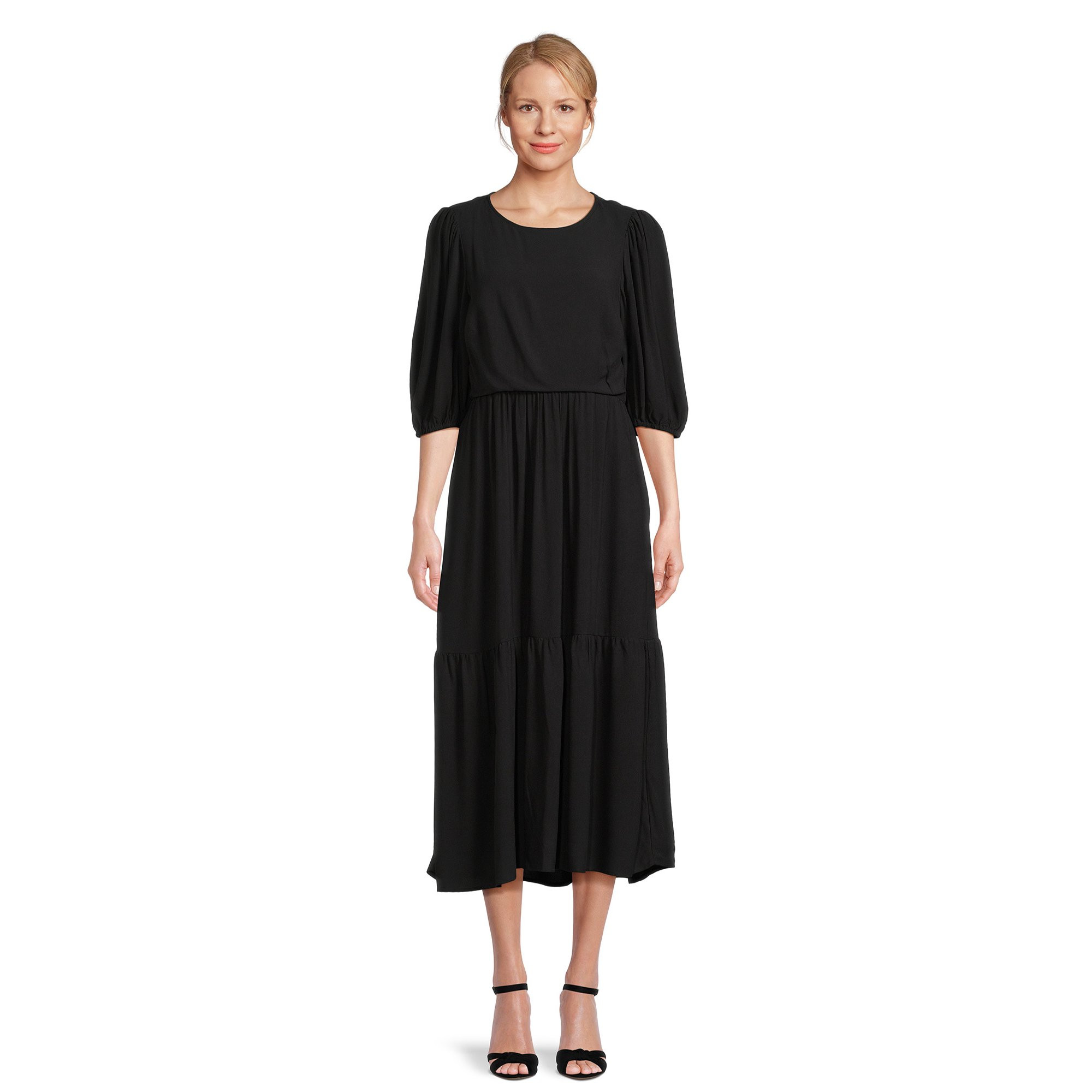 Time and Tru Women's Tie-Back Midi Dress with Elbow Length Sleeves, Sizes XS-XXXL | Walmart (US)