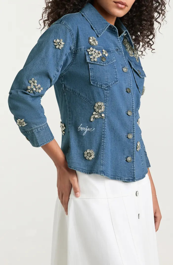 Flower Crystal Stretch Denim Shirt | Nordstrom