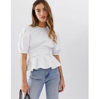 ASOS DESIGN lattice front top with volume sleeves - White | ASOS CH