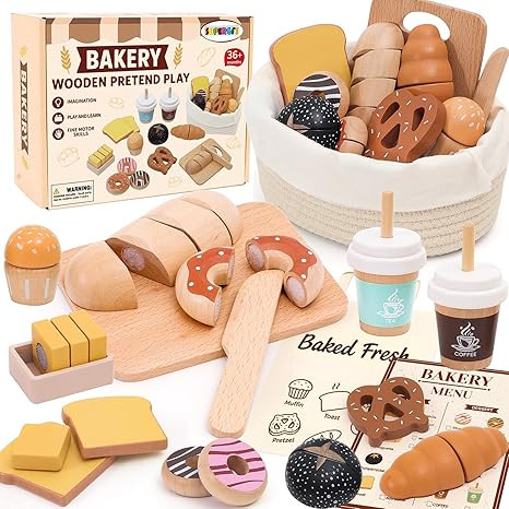 Wooden Bakery Playset Food Toys, Kids Pretend Play Food Baking Set Kitchen Accessories with Stora... | Amazon (US)