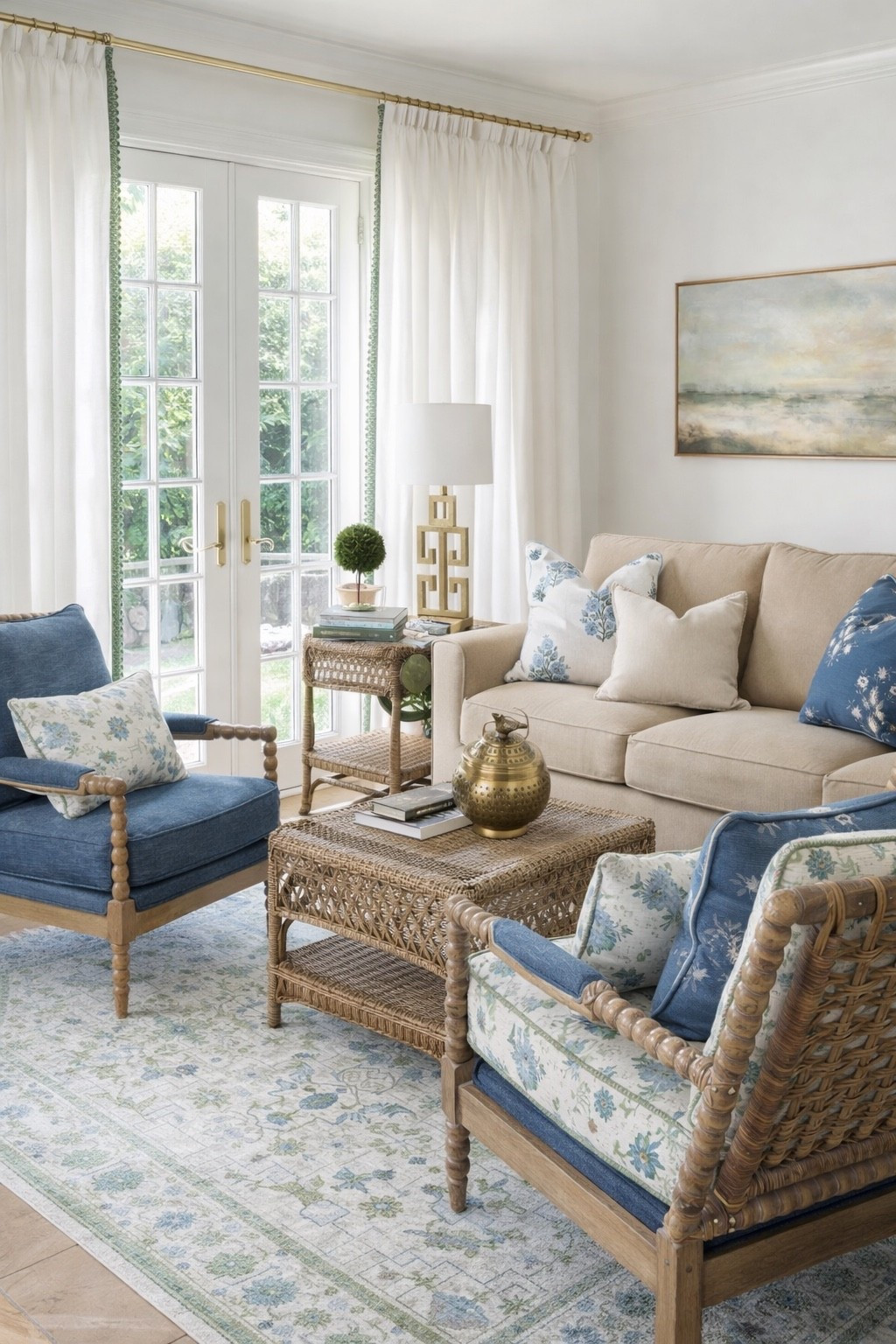 Cozy coastal feel with blues and greens. Gold and wicker accents work with many styles. 

Oushak rug, block print pillows, Greek key gold lamps, Amazon home



#LTKSeasonal #LTKHome