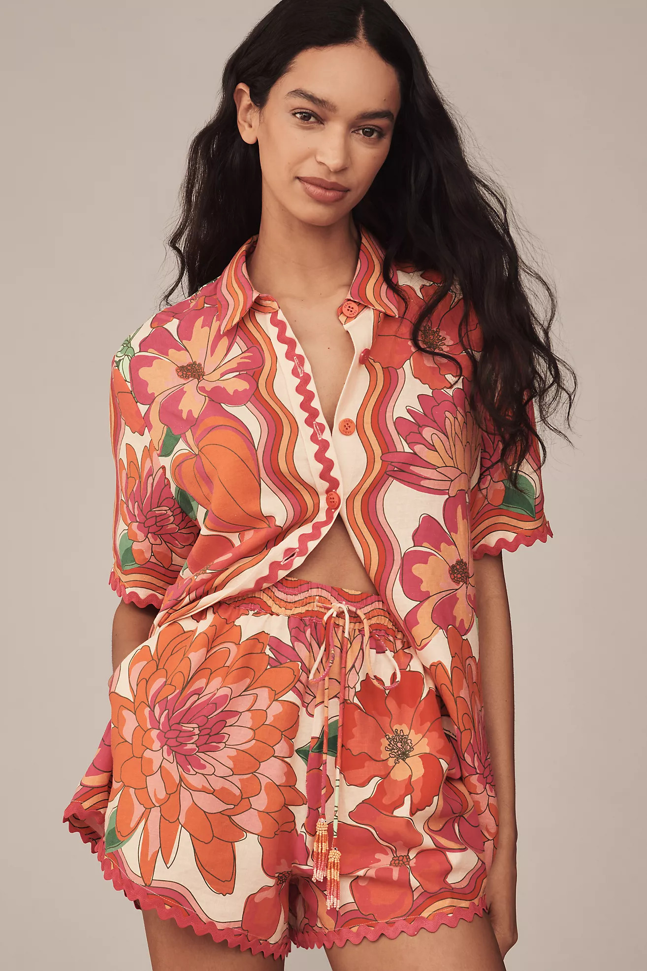 Farm Rio Spring Affair Linen-Blend Pull-On Shorts | Anthropologie (US)