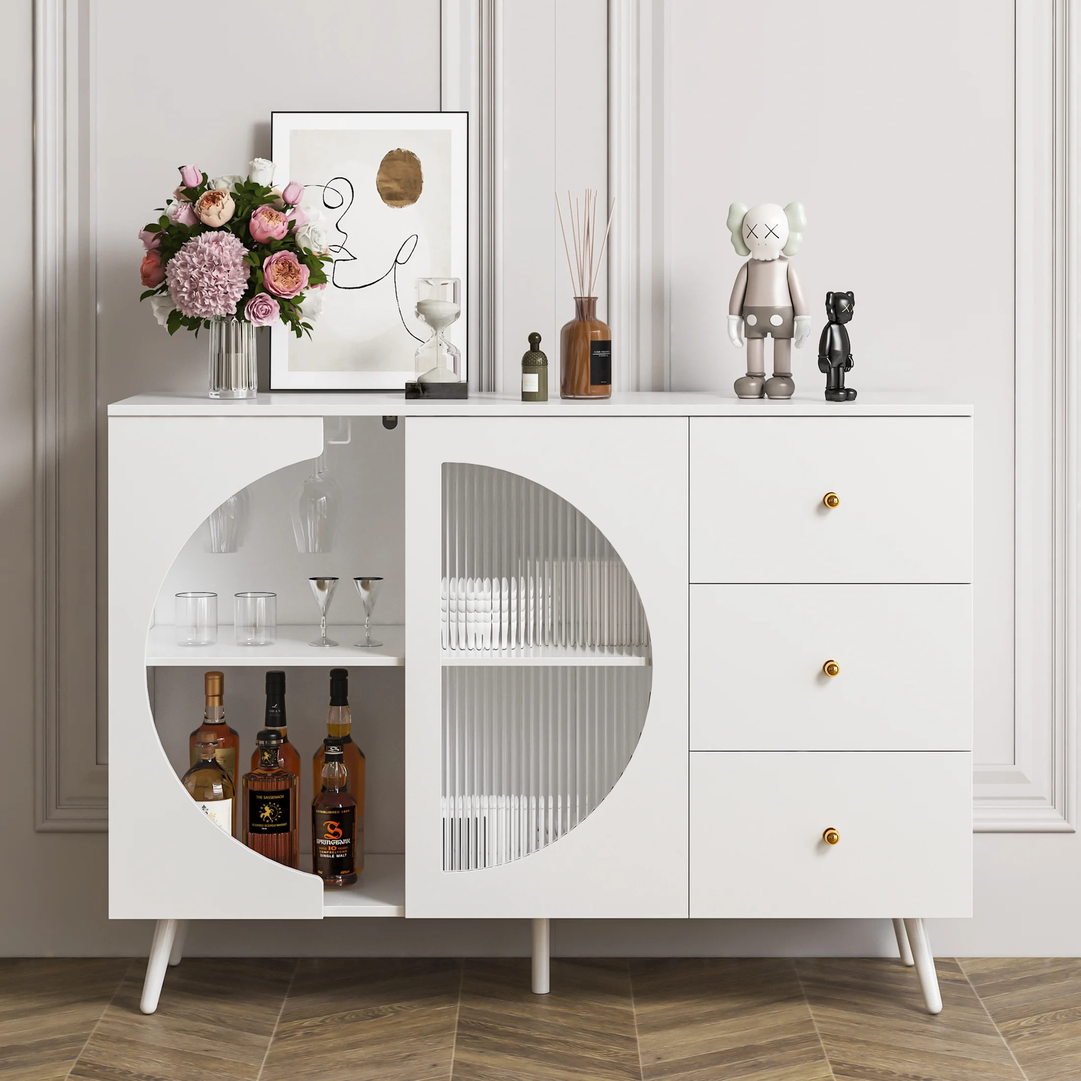 Homfa Bar Cabinet with 2 Glass Cup Holders & 3 Drawers, Modern Sideboard for Living Dining Kitche... | Walmart (US)