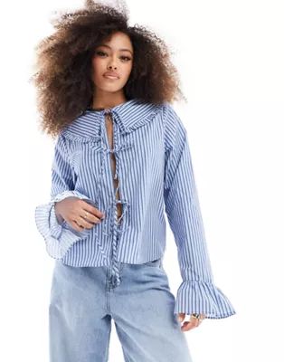 ASOS DESIGN pie crust collar blouse in blue stripe | ASOS (Global)