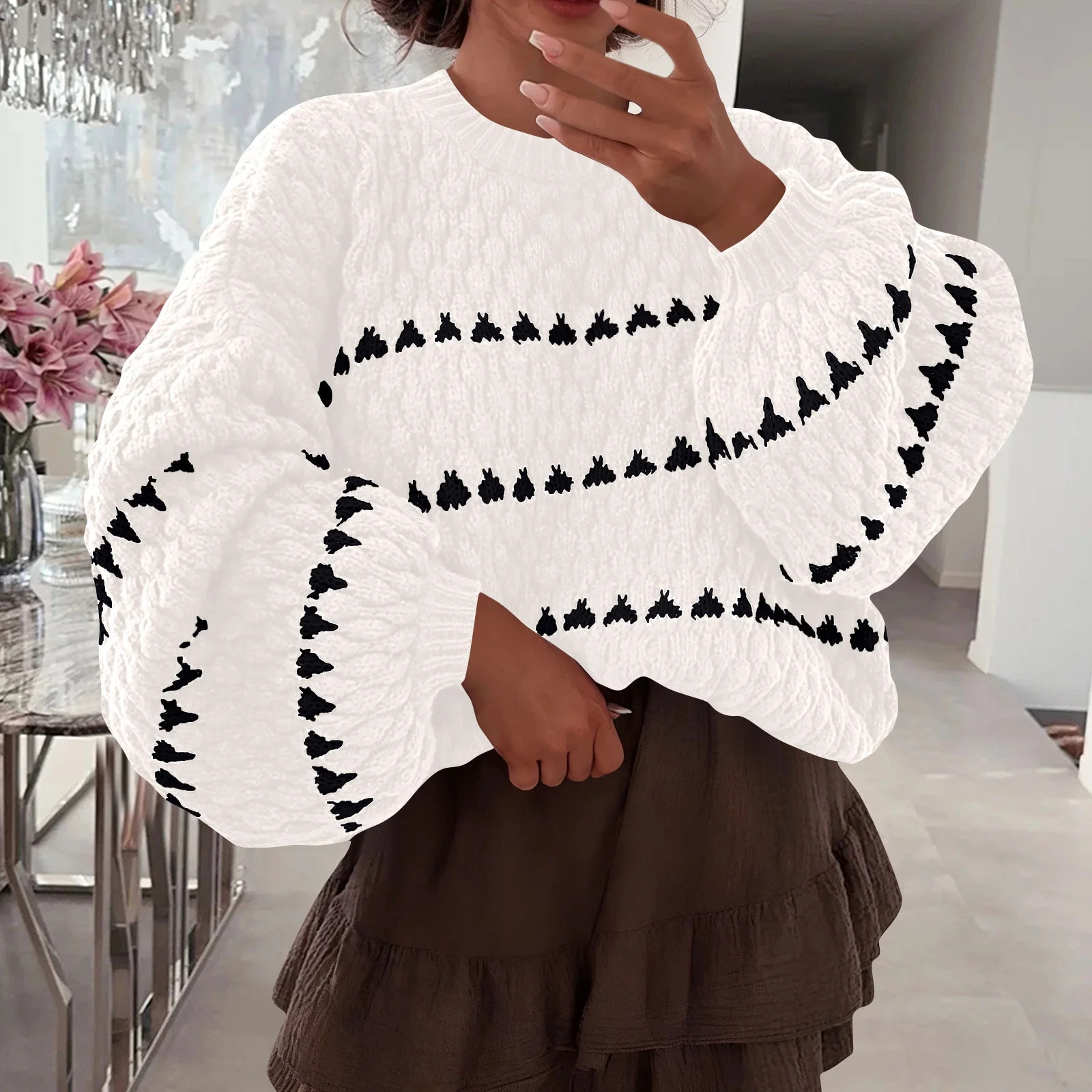 Dolkfu White Women Sweater Striped Cozy Plus Size Sweater Slouchy Latern Sleeve Blouse Women's Pl... | Walmart (US)