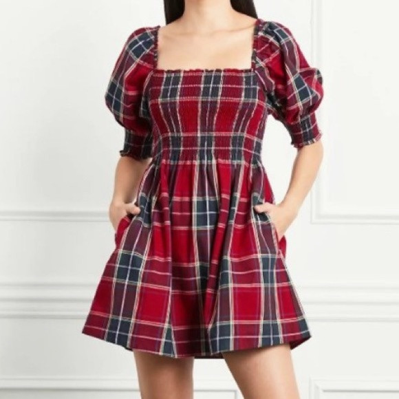 Hill House Athena Nap Cotton Smocked Puff Sleeve Mini Dress Red Tartan Plaid | Poshmark
