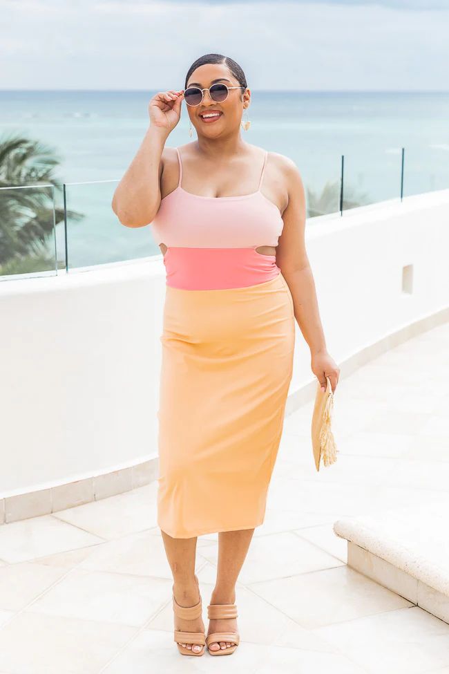 Sunburst Energy Orange/Pink Cutout Colorblock Midi Dress | The Pink Lily Boutique