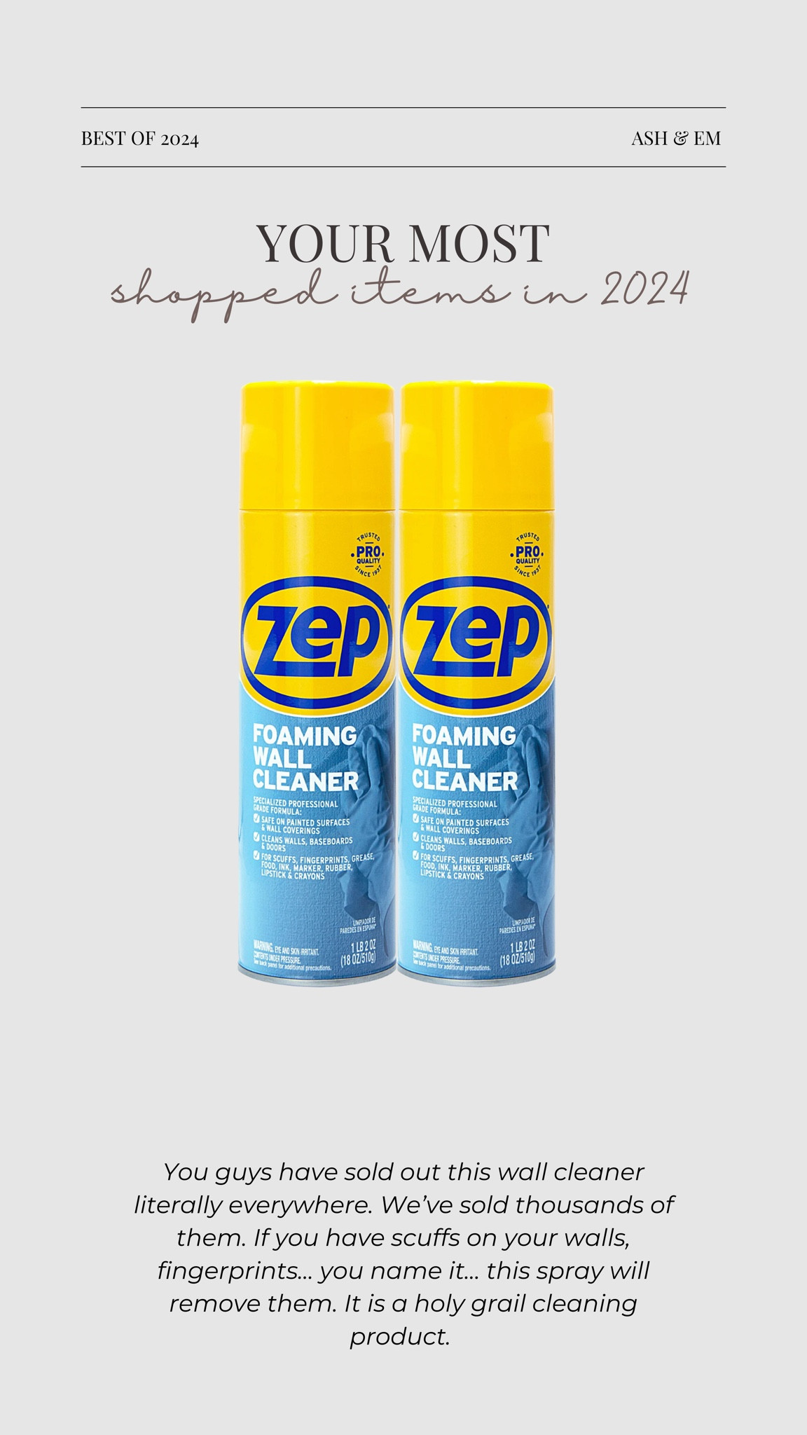 You guys have sold out this wall cleaner literally everywhere. We’ve sold thousands of them. If you have scuffs on your walls, fingerprints… you name it… this spray will remove them. It is a holy grail cleaning product.

Home, Cleaning, Wall cleanerrs

#LTKU #LTKFindsUnder50 #LTKHome