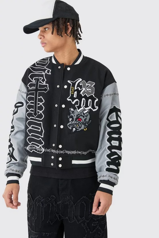 Boxy Limited Badge PU Sleeve Varsity Jacket In Black | boohooMAN (US & Canada)