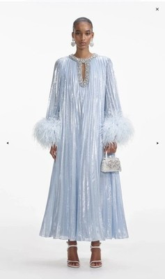 Self-portrait blue metallic chiffon feather midi dress UK 10 | eBay UK