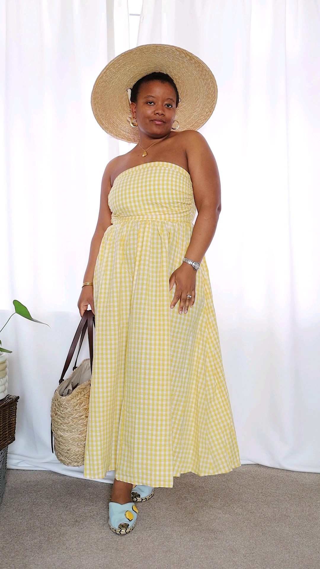 Wearing a bandeau dress in gingham white and butter yellow. This is size 14 Next Official true to size. Linked similar dresses below. Hat is Arket, straw bag LK Bennett get 15% off using CALYCIOUSLOVES15. Sandals Charles Keith but old linked similar. #summeroutfits #outfitinspiration #ukfashiongirls 

#LTKuk #LTKdresses #LTKstyletip