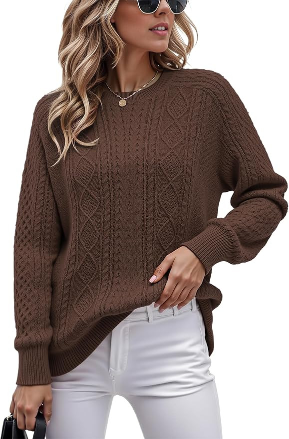 Jouica Women's Cable Knit Crewneck Sweaters Casual Long Sleeve Lightweight Ribbed Pullover Fall O... | Amazon (US)