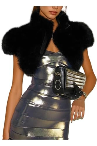 LETSVDO Womens Faux Fur Shrug Jacket Belt Buckles Short Sleeve Open Front Crop Cardigan Shawl Top for Evening Dress | Amazon (US)