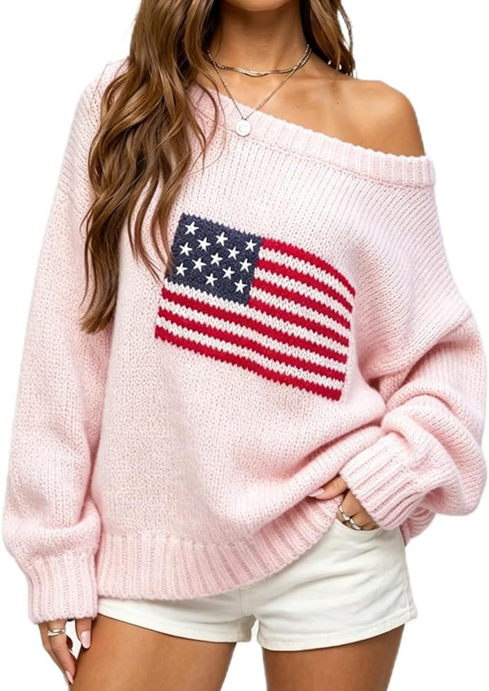 American Flag Sweater for Women Off the Shoulder Vintage Patriotic Striped Star USA Loose Knitted... | Amazon (US)