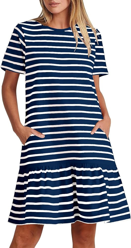 MITILLY Women's Casual Summer T Shirt Dress 2025 Striped Loose Short Sleeve Tunic Dress with Pock... | Amazon (US)