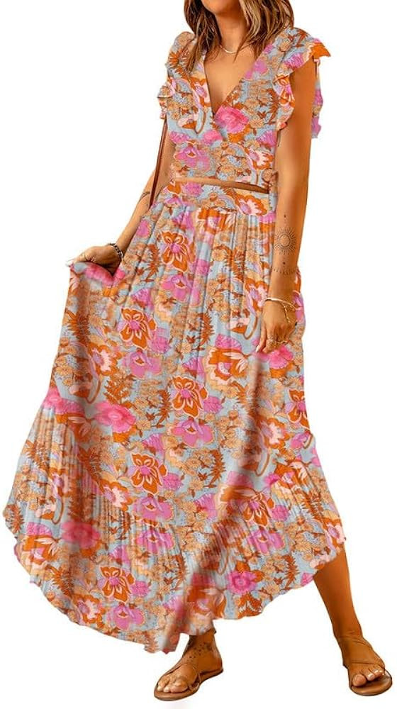 Dokotoo Women's Boho Dress Deep V Neck 2 Piece Skirt Sets Ruffle Cap Sleeve Tie Waist Wrap Chiffo... | Amazon (US)