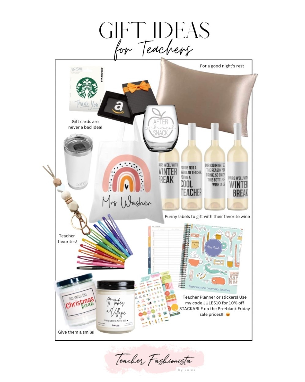 Teacher gift ideas — perfect simple gifts that show your teacher appreciation over the holiday season and winter break! Wine bottle labels, teacher planners or planning stickers, funny candles, yeti, gift cards, silk pillow case, and teacher favorites like a personalized canvas tote, flair pens, and a cute lanyard!

#LTKFindsUnder50 #LTKCyberWeek #LTKGiftGuide