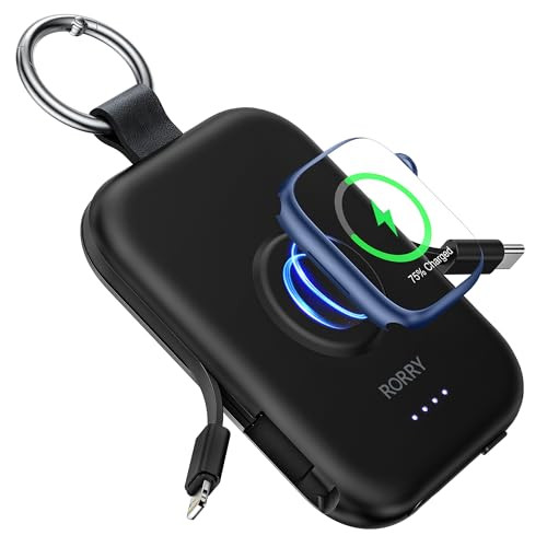 RORRY Portable Charger, 5000mAh Portable Charger Power Bank with Built-in Cables, Travel Keychain Battery Pack for Apple Watch Ultra 2/10/9/8/Ultra/7/6/SE/5, iPhone 16/15/14/13/12, Black | Amazon (CA)