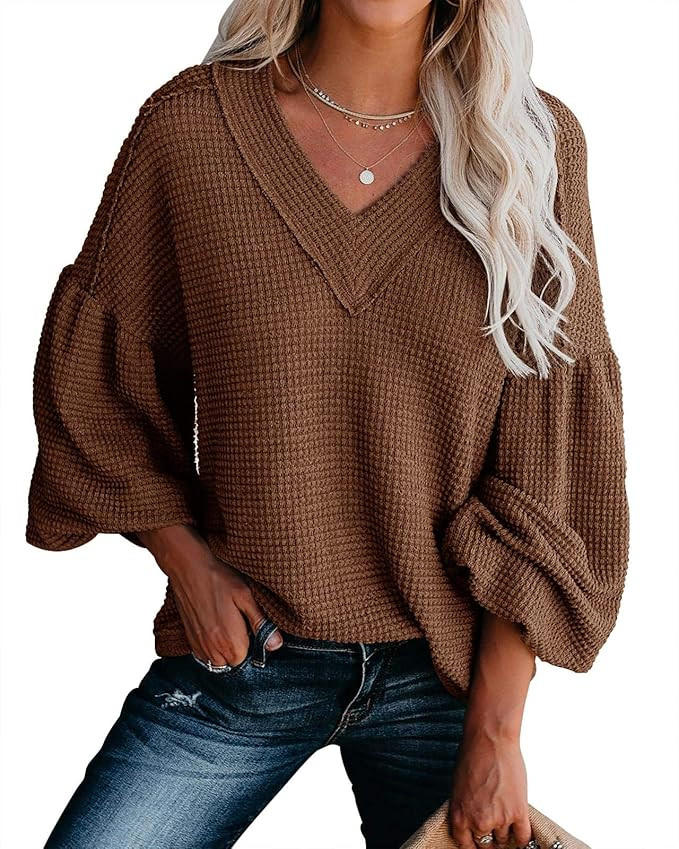 Womens V Neck Waffle Knit Shirts Oversized Sweaters Thermal Casual Blouses Tops Balloon Sleeve Lo... | Amazon (US)