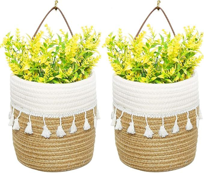 AQUEENLY Jute Hanging Basket Woven Fern Hanging Planter Basket with Leather Handles for Plants, T... | Amazon (US)