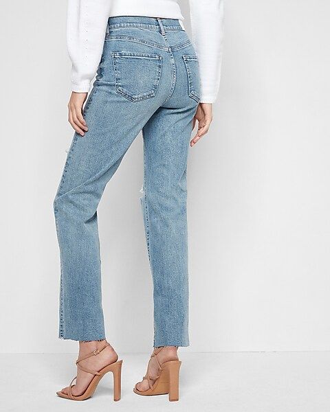 Super High Waisted Light Wash Ripped Modern Straight Jeans | Express