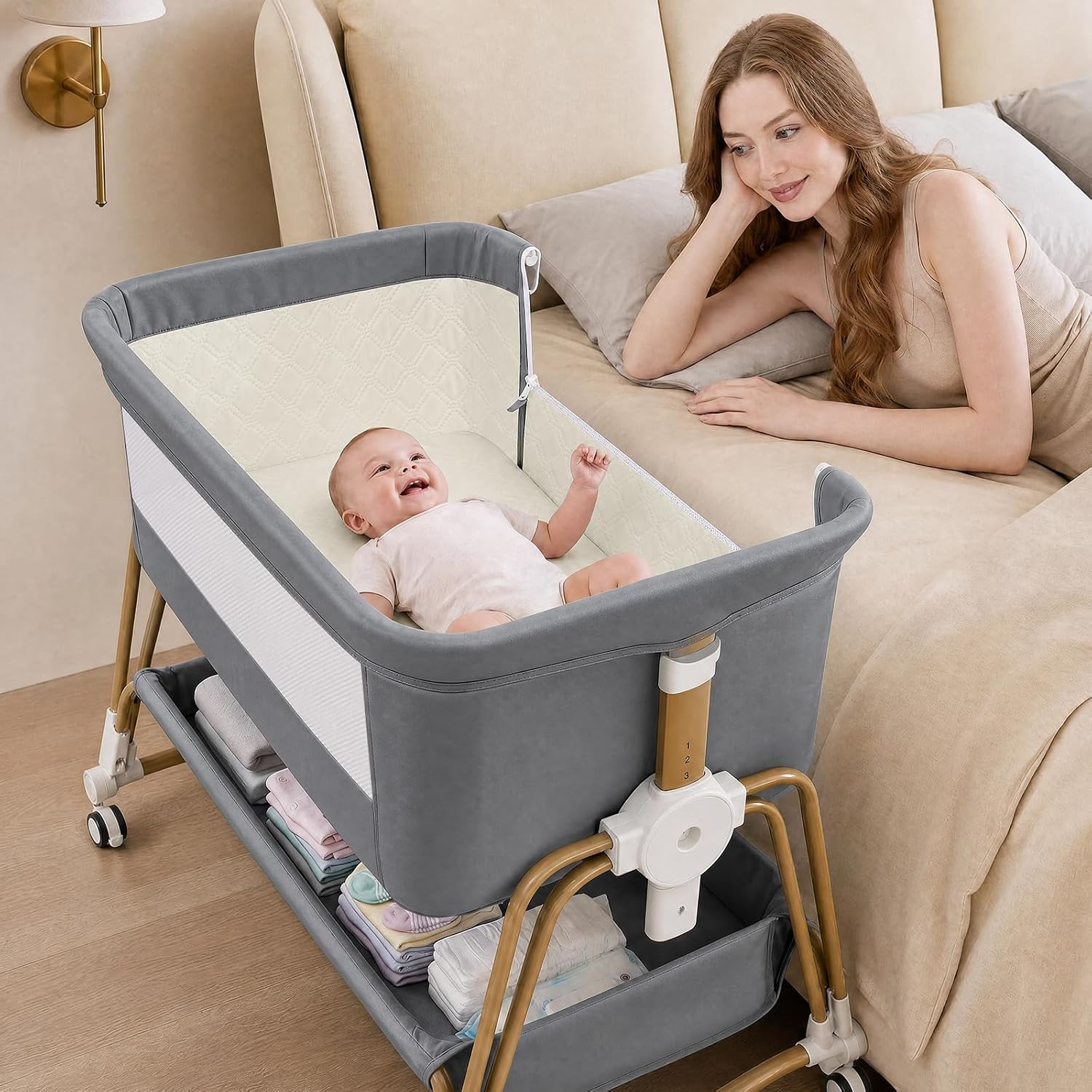4-in-1 Baby Bassinet, Portable Bassinet Bedside Sleeper with Wheels and Storage Basket, 7 Height Adjustable Breathable Mesh Rocking Bassinet with Mosquito Net for Newborn-Grey | Amazon (US)