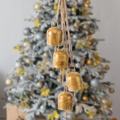 Hananona 4 Pack Gold Vintage Bells with Hanging Rope, Decorative Metal Cow Bells for Weddings, Parties, and Christmas DIY Wreaths, Home Decor(4) | Amazon (US)