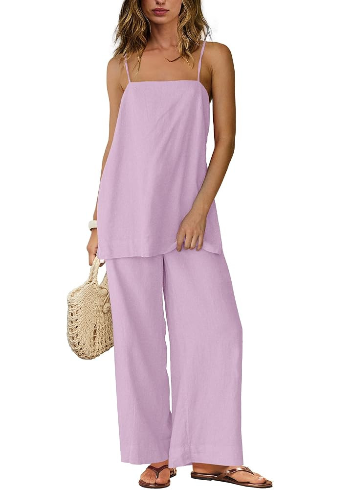 SENSERISE Womens Linen Set Two Piece Set Summer Beach Vacation Outfits Spaghetti Strap Tank Top a... | Amazon (US)