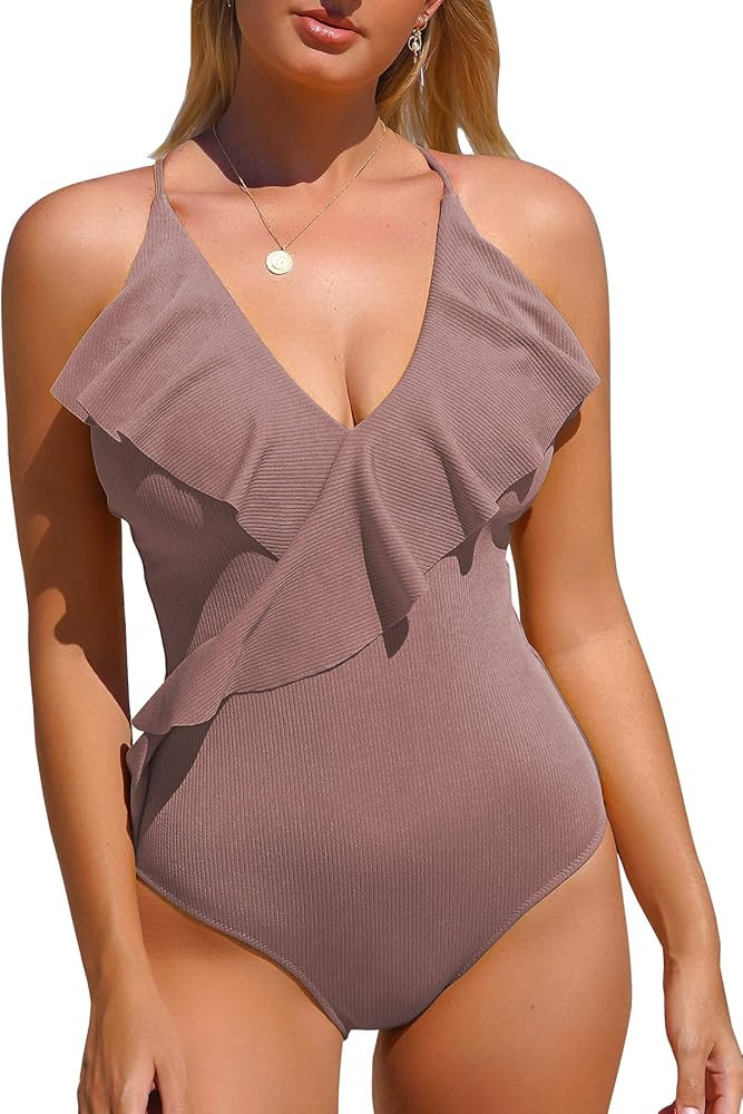 CUPSHE Women's One Piece Swimsuit Ruffle Wrap Textured Beach Swimwear Bathing Suits | Amazon (US)