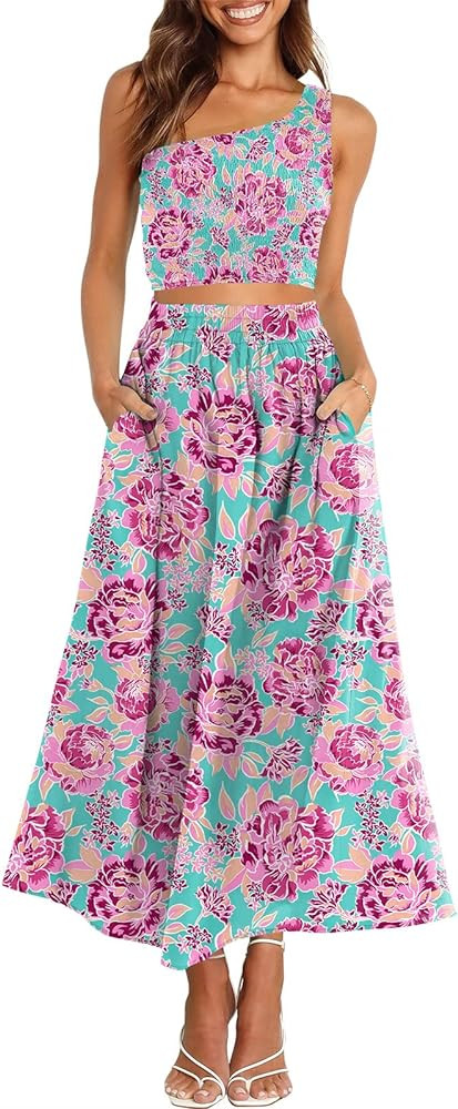 ANRABESS Women's 2 Pieces Outfits One Shoulder Smocked Crop Top & High Waist Long Skirt Dress Set... | Amazon (US)