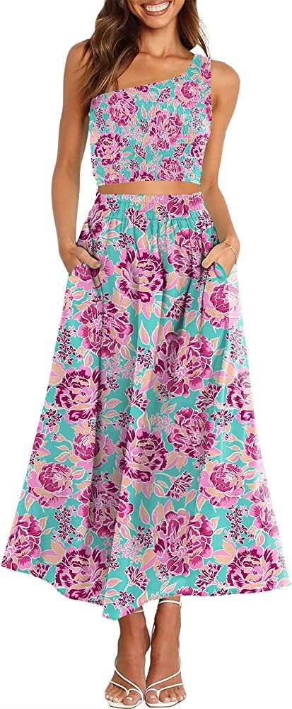 ANRABESS Women's 2 Pieces Outfits One Shoulder Smocked Crop Top & High Waist Long Skirt Dress Set wi | Amazon (US)