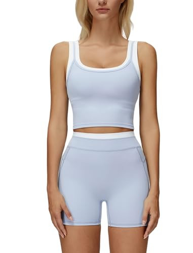 2 Piece Workout Sets for Women Racerback Color Block Tank Tops Matching High Waist Tummy Control Booty Lifting Biker Shorts Womens Two Piece Athletic Set Gym Wear Active Yoga Outfits U Back Blue M | Amazon (US)