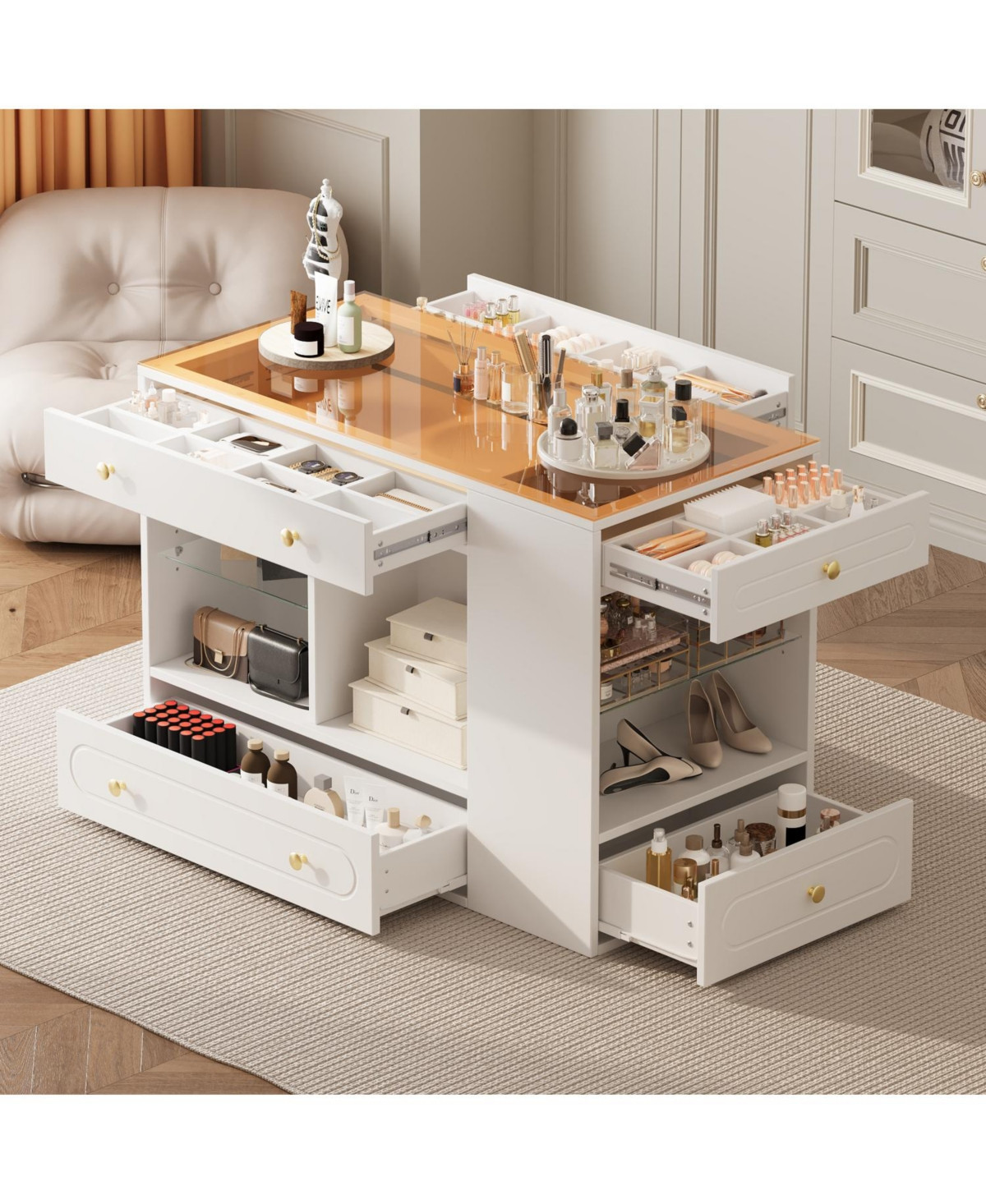 Streamdale Furniture Closet Island with Drawers, Glass Top, Shelves, Jewelry Storage - White - White | Macy's