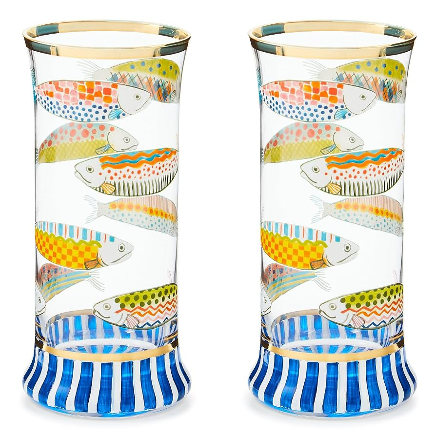 MACKENZIE-CHILDS Highball Glasses, Tall Drinking Glasses with Gold Rims, 15 Ounces, Set of 2, Go ... | Amazon (US)