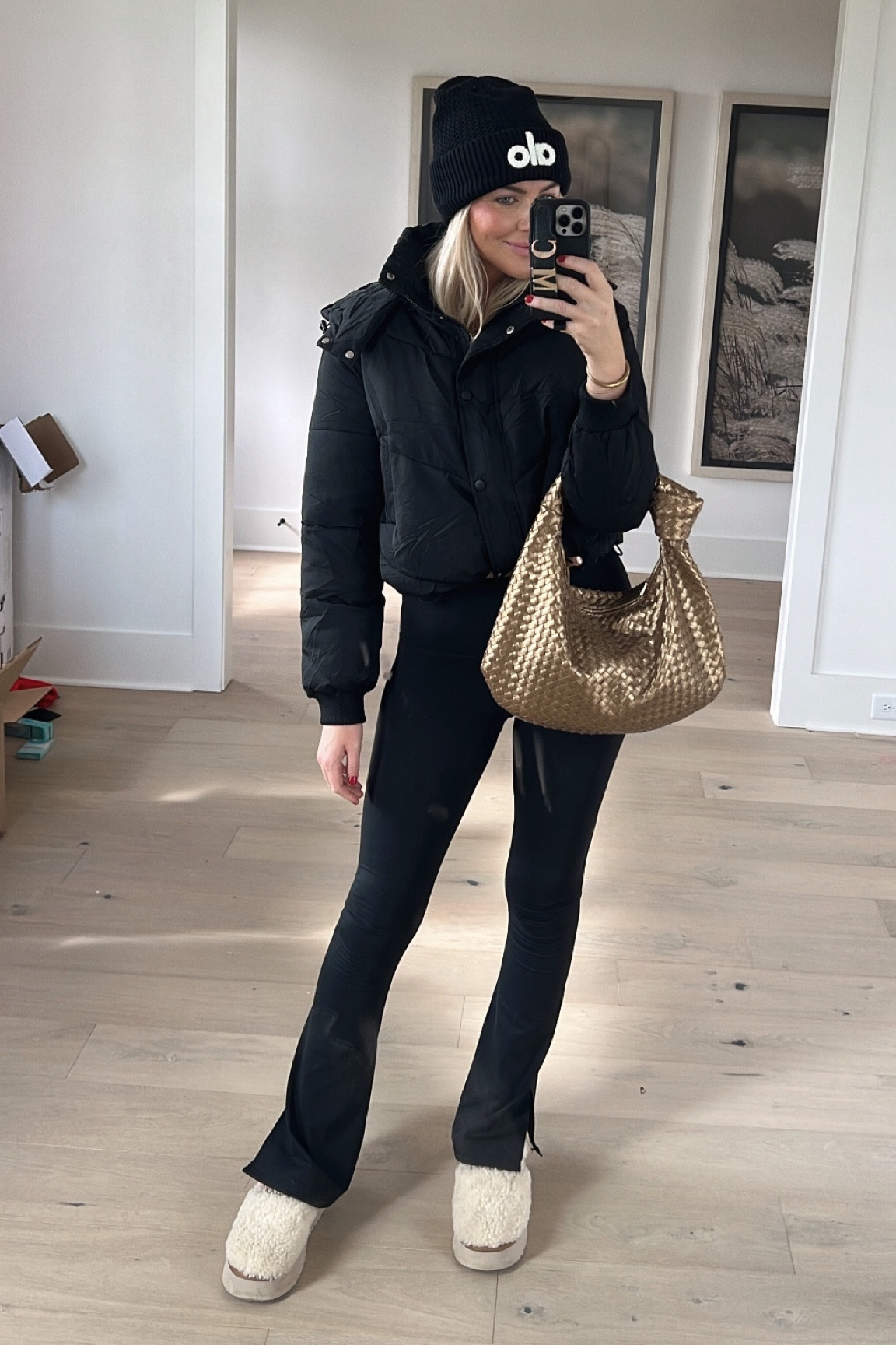 Fall winter casual everyday athleisure outfit 
Small in split hem leggings 
Cropped amazon puffer size small
Alo beanie 
Metallic purse bag 

#LTKfitness #LTKtravel #LTKfindsunder100