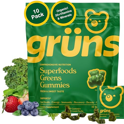 Gruns Adults Super Greens Gummies, Multivitamin Superfood Gummy Bears, Spirulina, Chlorella, Prebiotics & Fiber Gummies for Digestive Health, Adaptogens Supplement, 20 Vitamins & Minerals, 10 Count | Amazon (US)