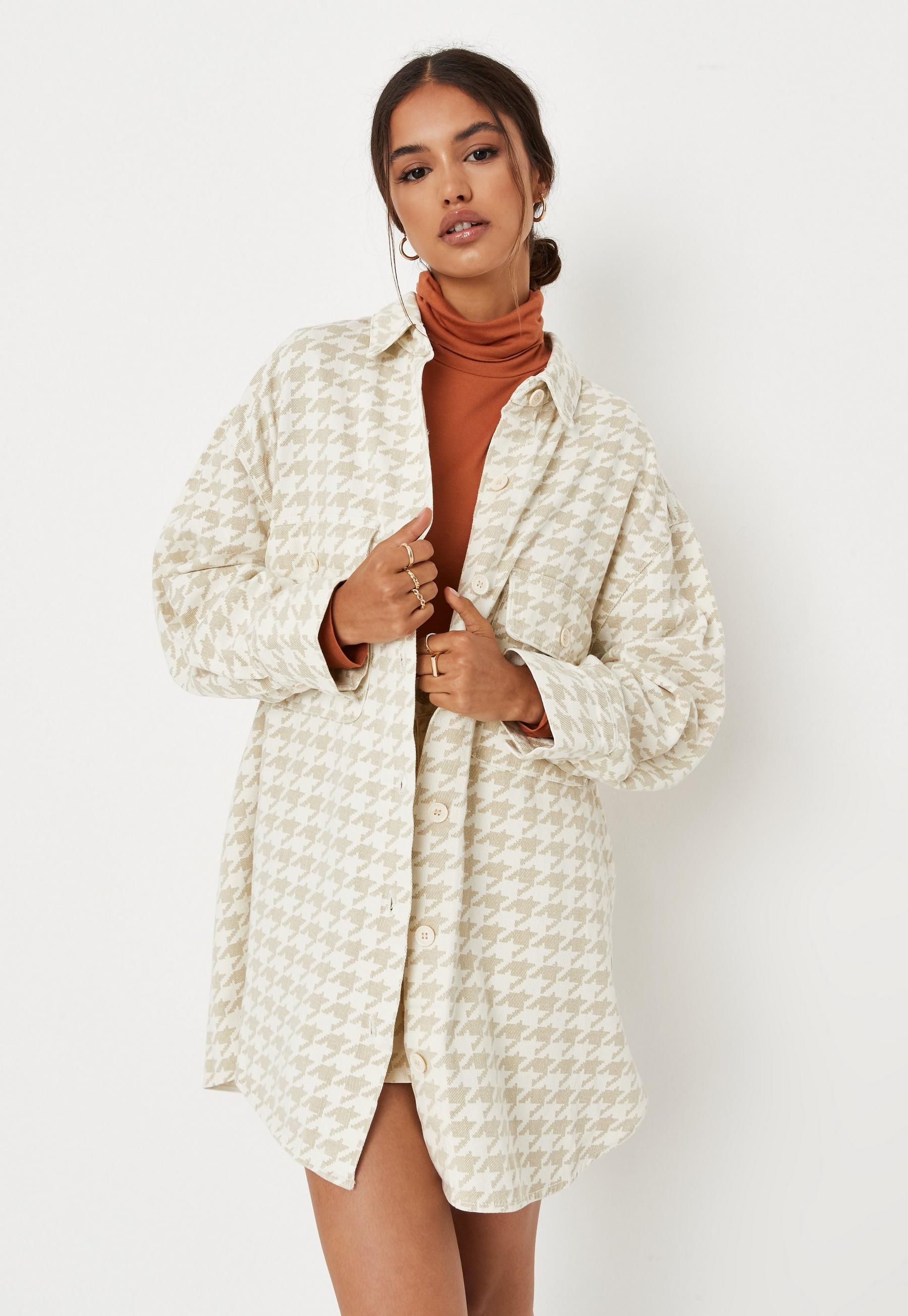 Missguided - Beige Co Ord Houndstooth Denim Oversized Shirt | Missguided (US & CA)