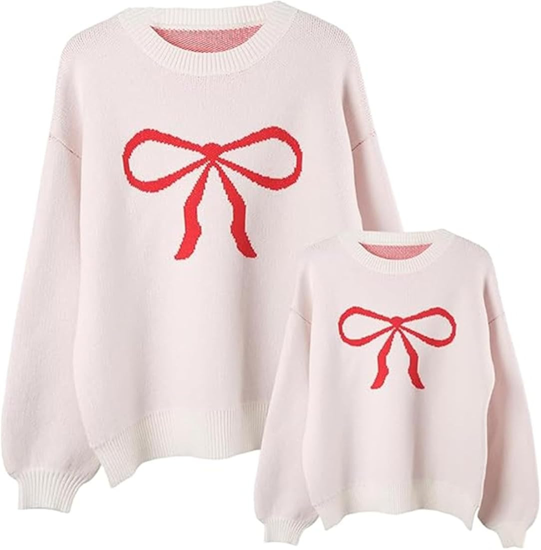 Karwuiio Mommy and Me Bow Print Matching Outfits Long Sleeve Casual Pullover Knitwear Valentine's... | Amazon (US)
