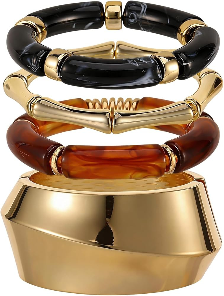 4 Pcs Chunky Acrylic Bangle Bracelets for Women Colorful Resin Bracelet Open Golden Wide Wrist Tr... | Amazon (US)
