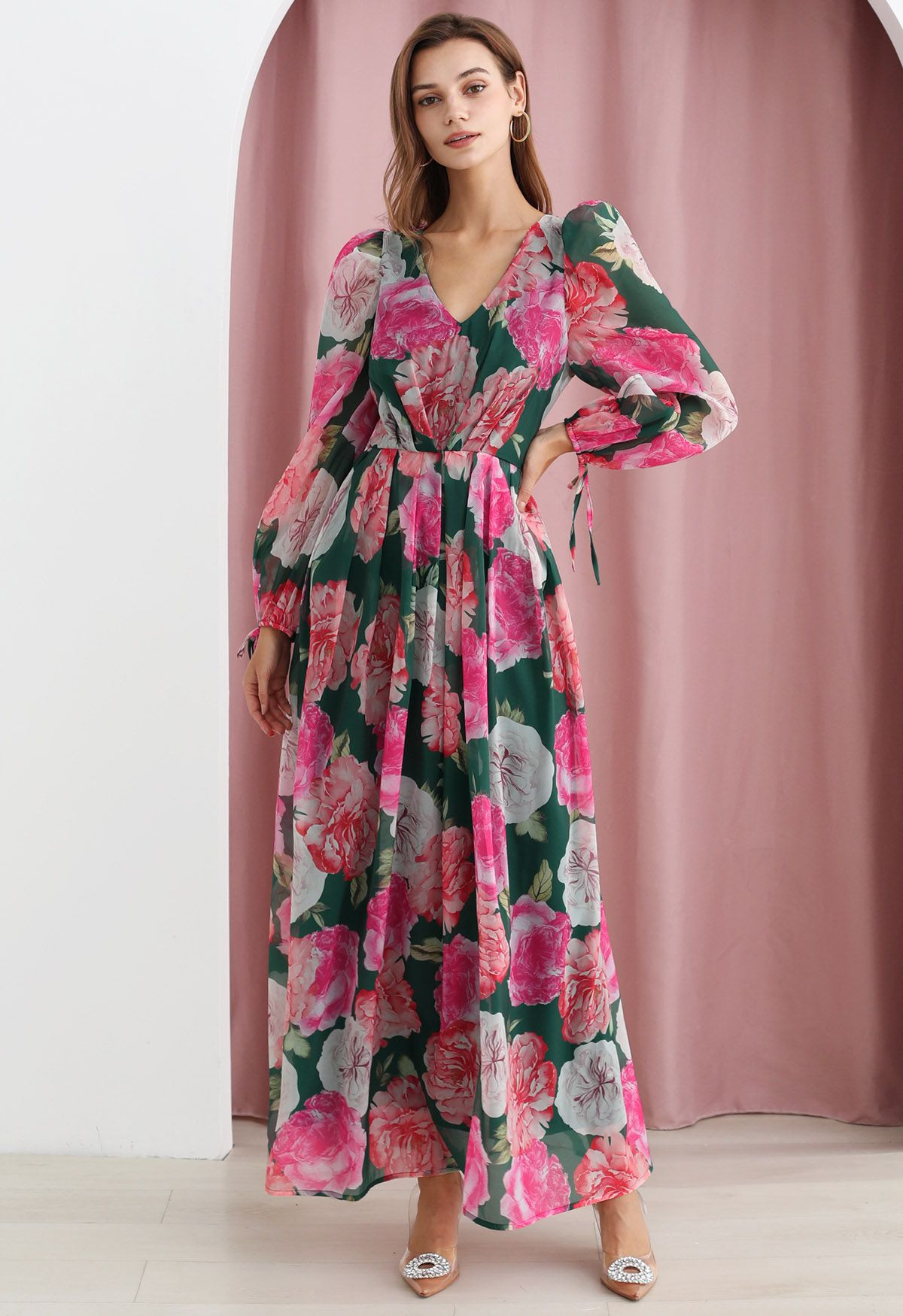 Bubble Sleeves Blossom Chiffon Maxi Dress in Green | Chicwish