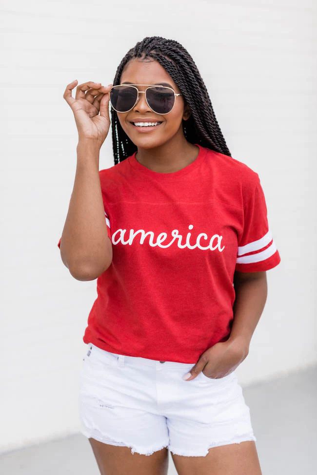 America Script Varsity Red Tee | The Pink Lily Boutique