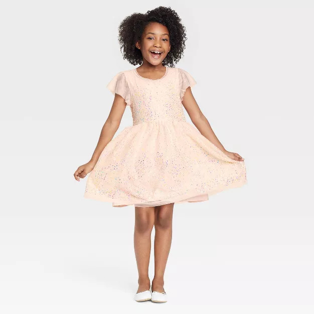 Girls' Flutter Sleeve Sequin Dress - Cat & Jack™ Dusty Pink | Target