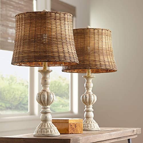 Trinidad Country Cottage Table Lamps Set of 2 Antique White Candlestick Tropical Rattan Tapered D... | Amazon (US)