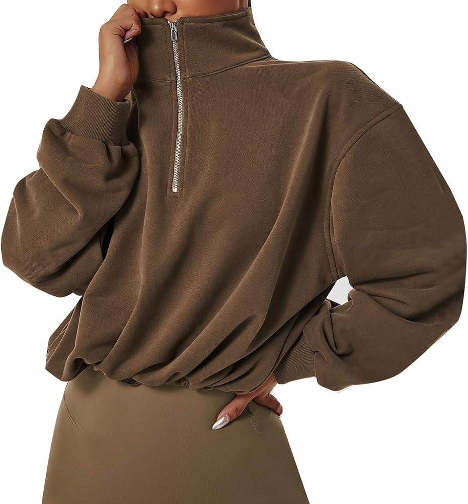 Flygo Womens Half Zip Hoodies Cropped Pullover Sweatshirt Fleece Lined Sweater Tops with Pocket Thum | Amazon (US)