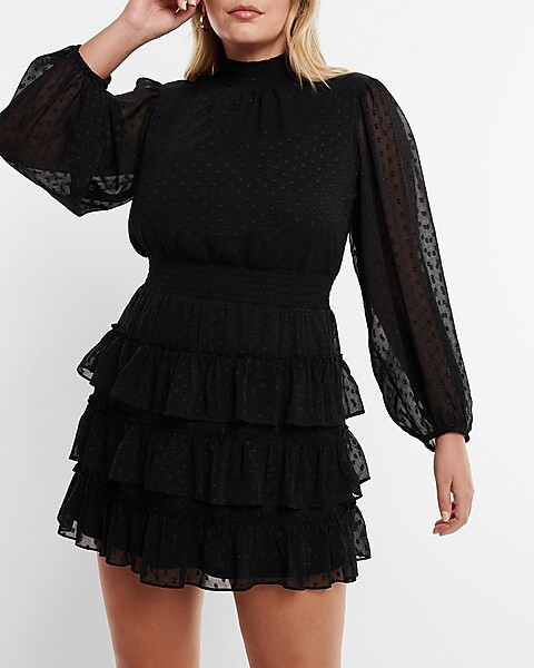 Clip Dot Mock Neck Long Sleeve Tiered Ruffle Dress | Express
