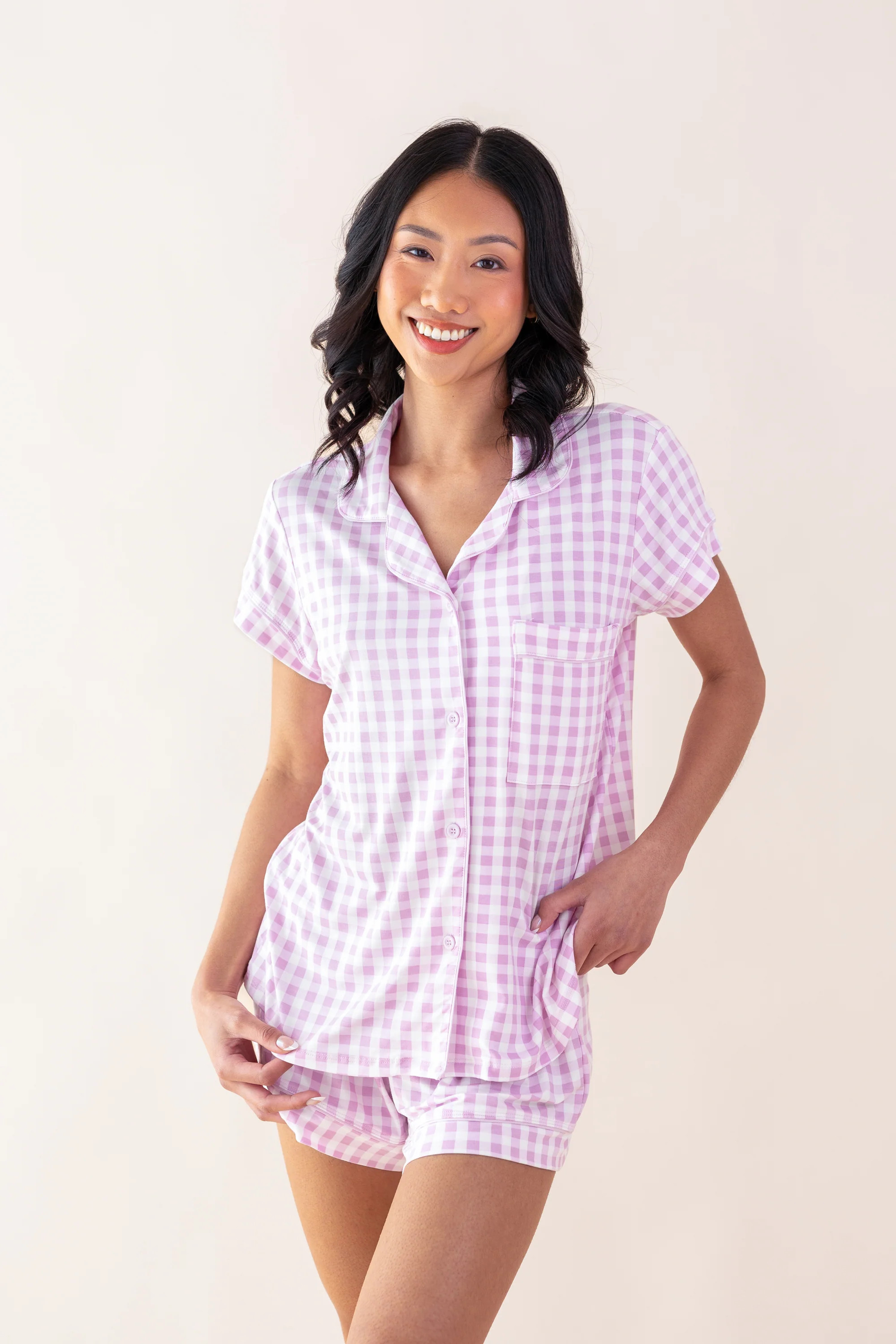 Bamboo Women's Short Sleeve Pajama Set in Gingham Thistle | Kyte Living
