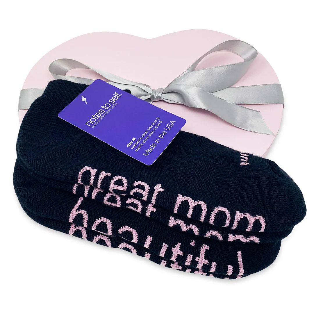 I am a great mom™ + I am beautiful™ black socks in pink heart box | notes to self